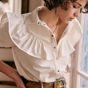 Sezane Matty White Ruffled Button-Up Shirt